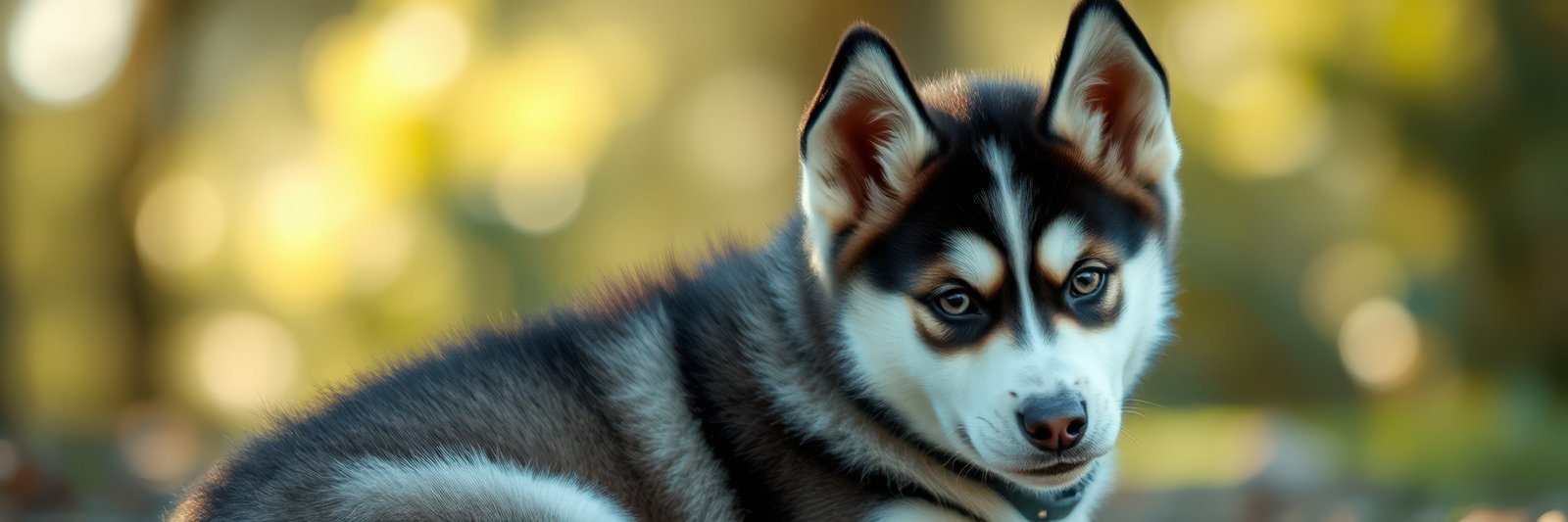 Cute husky puppy relaxing in a sunny park setting during early afternoon